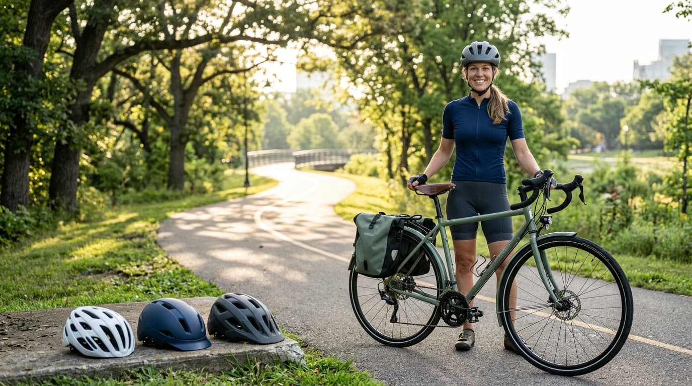 Woman wearing a bicycle helmet beside a commuter bike, illustrating the best bike helmets for women.