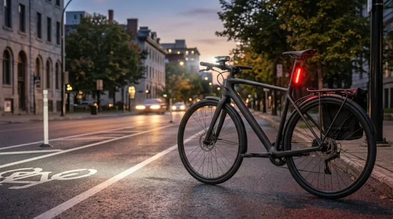 Commuter bicycle with bright front headlight and red rear safety light on an urban cycling lane at dusk.