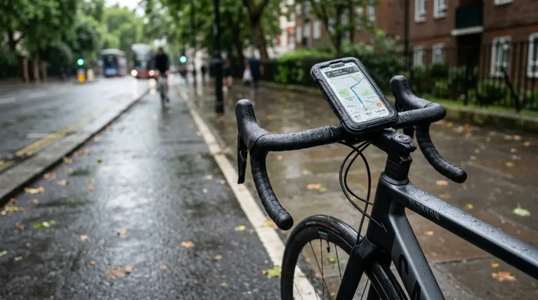 Waterproof bike phone holder mounted on bicycle handlebars in the rain