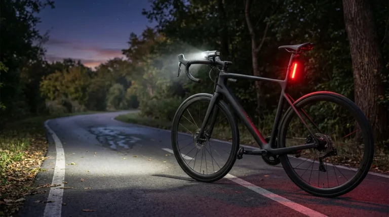 Best bike lights for night riding with bright front headlight and red rear safety light on a road bicycle.