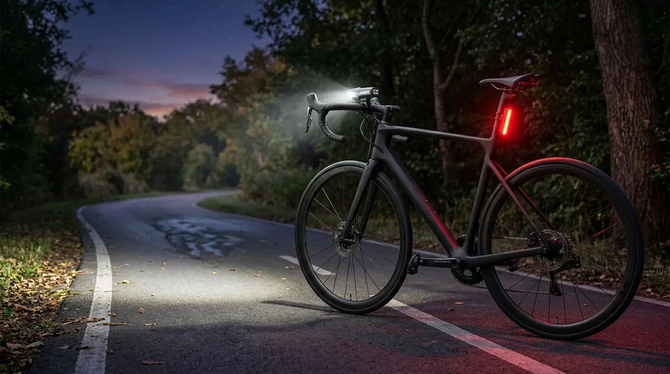 Best bike lights for night riding with bright front headlight and red rear safety light on a road bicycle.