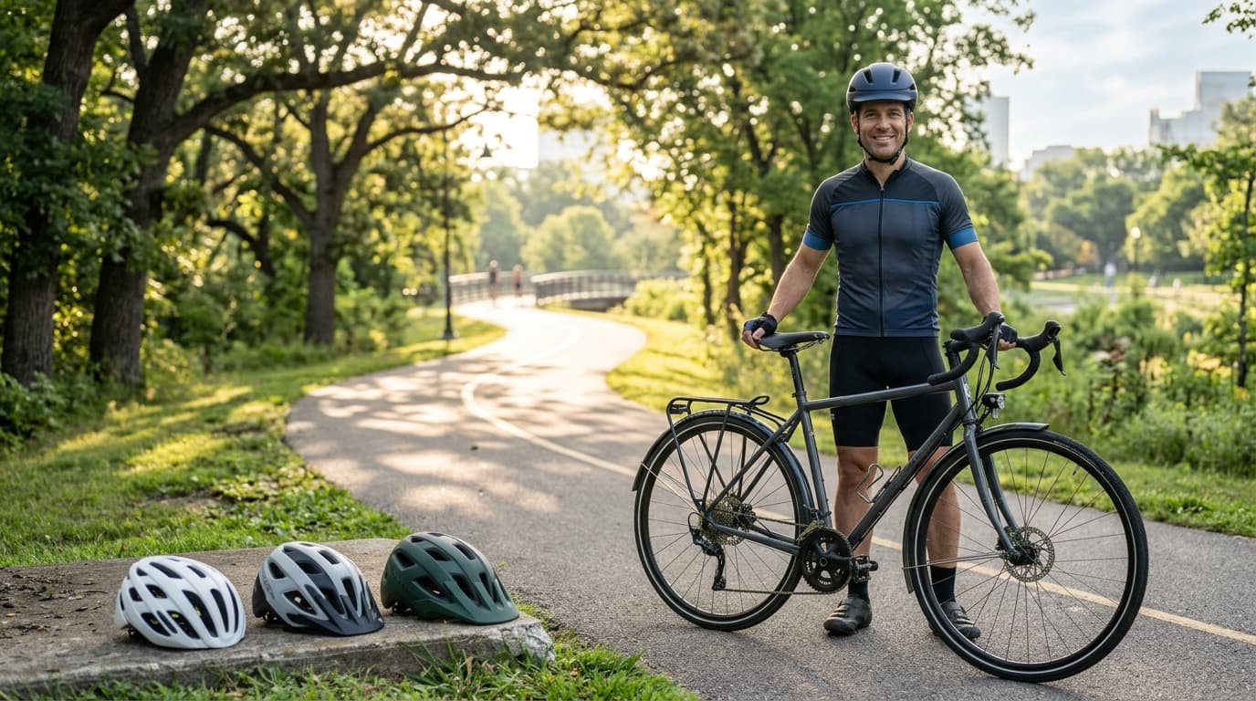 Man wearing a road cycling helmet beside a bicycle, illustrating the best bike helmets for men.