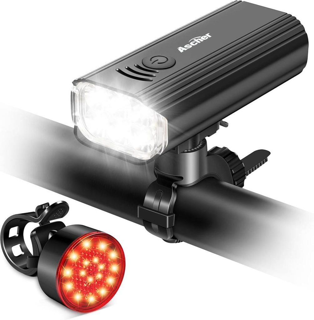 Ascher USB rechargeable bicycle headlight and rear taillight set.