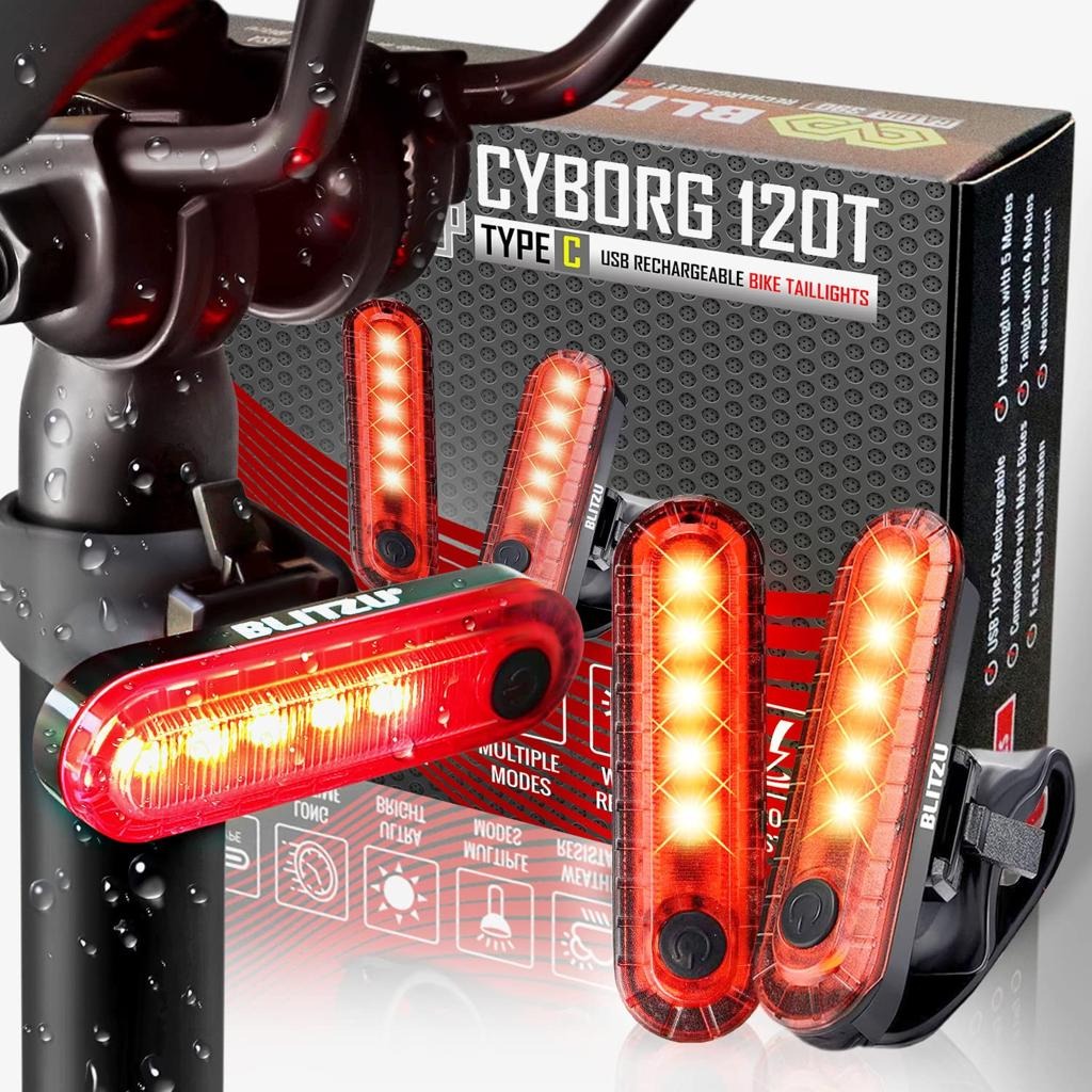 Blitzu Cyborg 120T two-pack of rechargeable red bicycle rear lights.