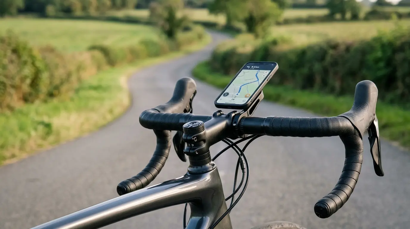 Road bike phone mount securing a smartphone to drop handlebars for cycling navigation
