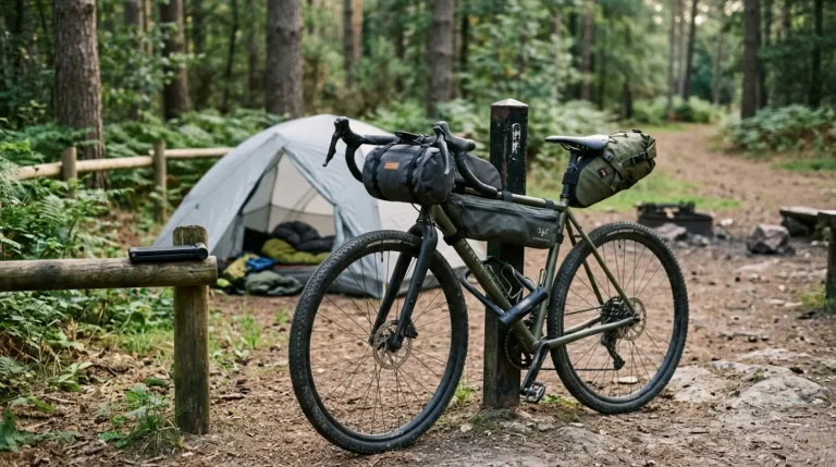 Bikepacking bicycle secured with a sturdy U-lock at an outdoor campsite