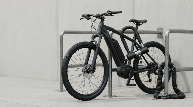 Black electric bike secured with a heavy-duty U-lock and chain lock