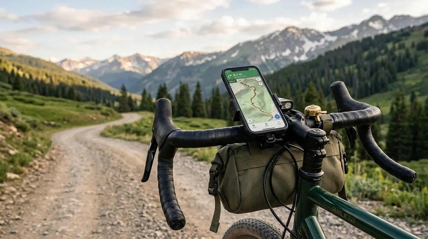 Smartphone secured to a bikepacking phone mount on gravel bike handlebars