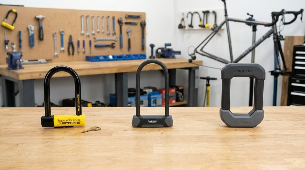 Comparison of three high-security eBike locks from Kryptonite, ABUS, and Hiplok.