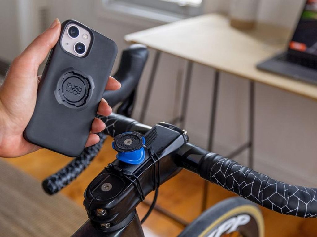 Quad Lock Bike Stem/Handlebar Mount attached to a bicycle stem for smartphone navigation.
